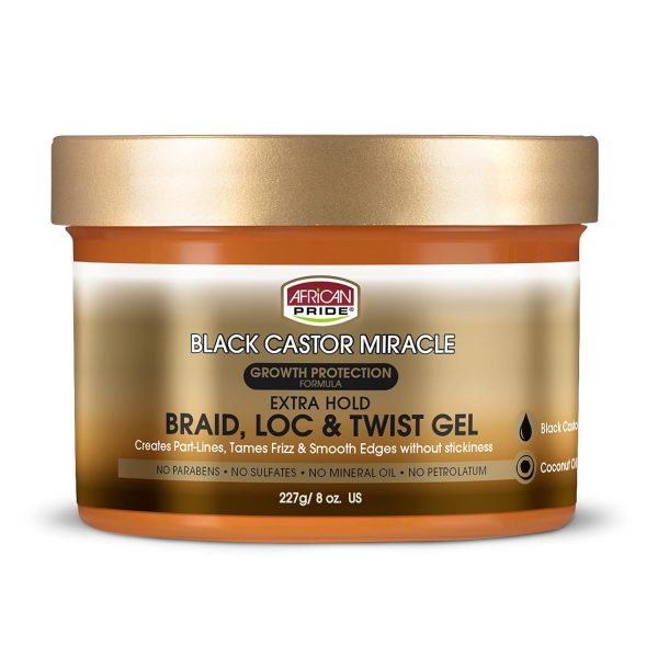 African Pride Black Castor Miracle Extra Hold Braid, Loc & Twist Gel 8oz